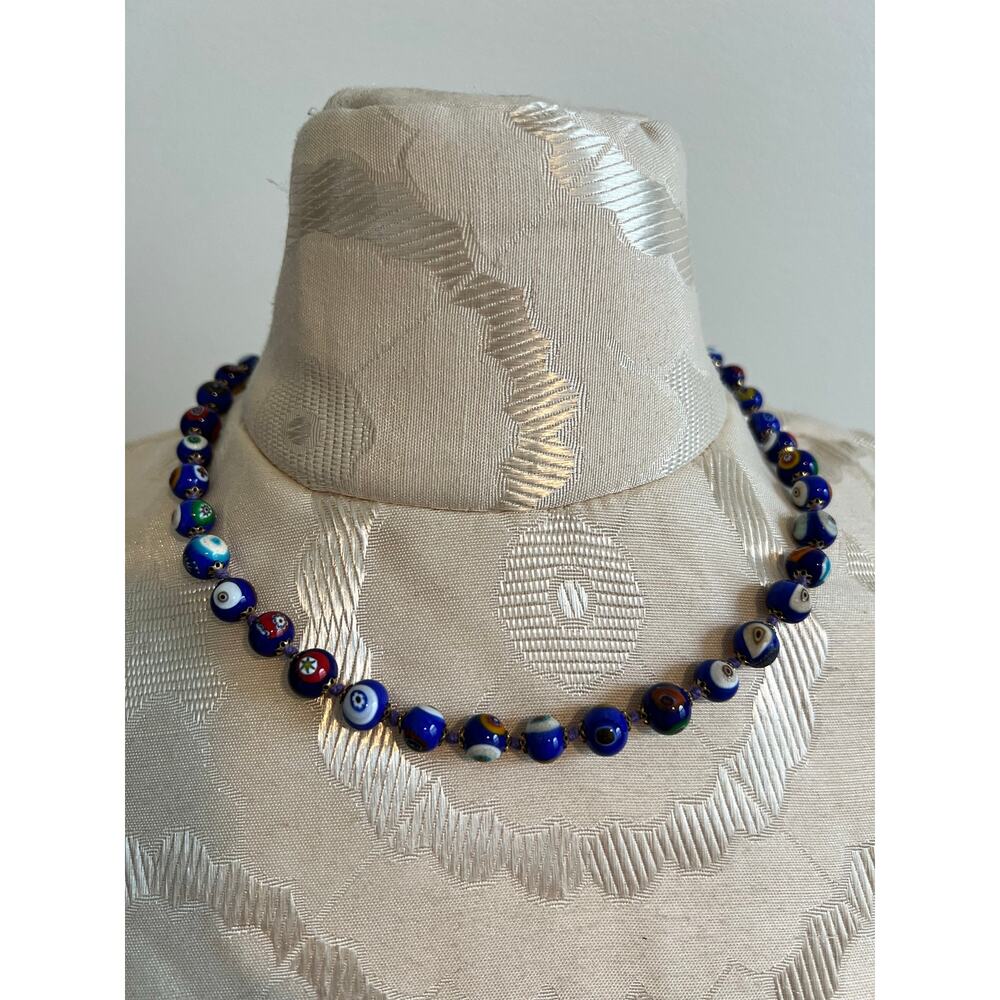Murano Glass Mosaic Blue Beaded Necklace
